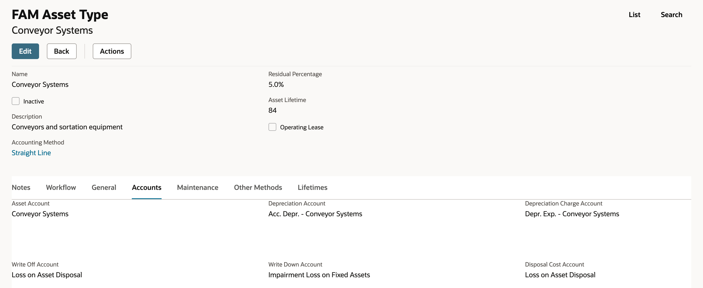 Accounts subtab of the saved Conveyor Systems type with the six accounts: Conveyor Systems, Acc. Depr. - Conveyor Systems, Depr. Exp. - Conveyor Systems, Loss on Asset Disposal, Impairment Loss on Fixed Assets and Loss on Asset Disposal.