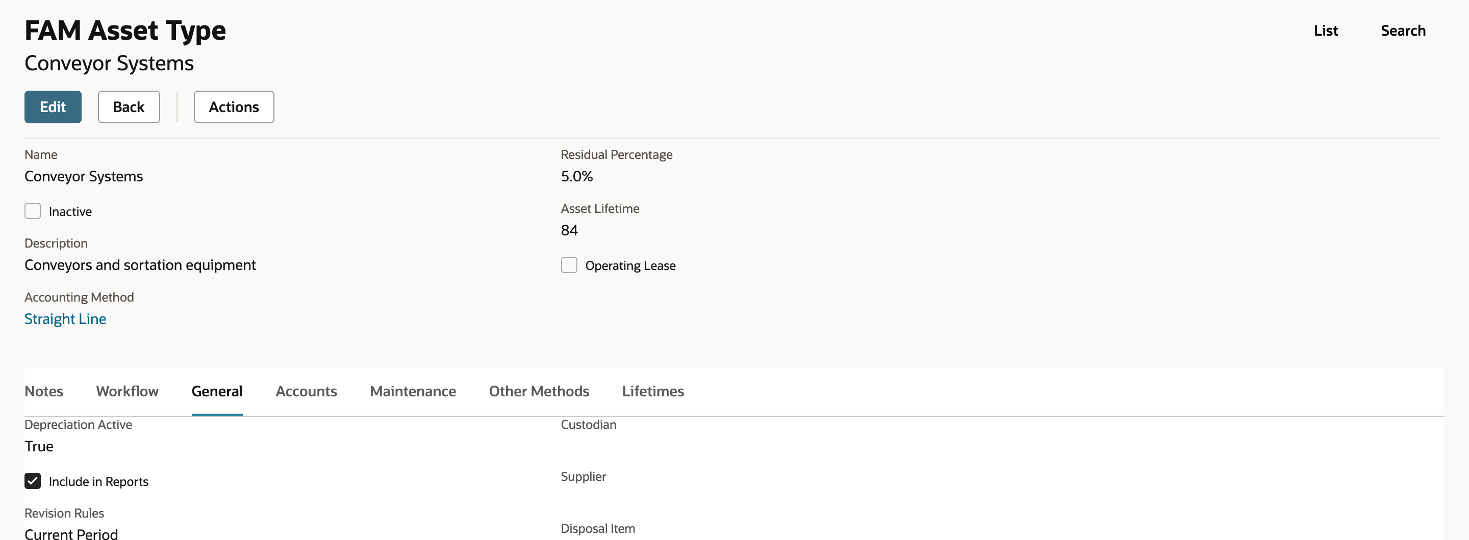 Saved FAM Asset Type record Conveyor Systems: Residual Percentage 5.0%, Asset Lifetime 84, Accounting Method Straight Line, Operating Lease unchecked.