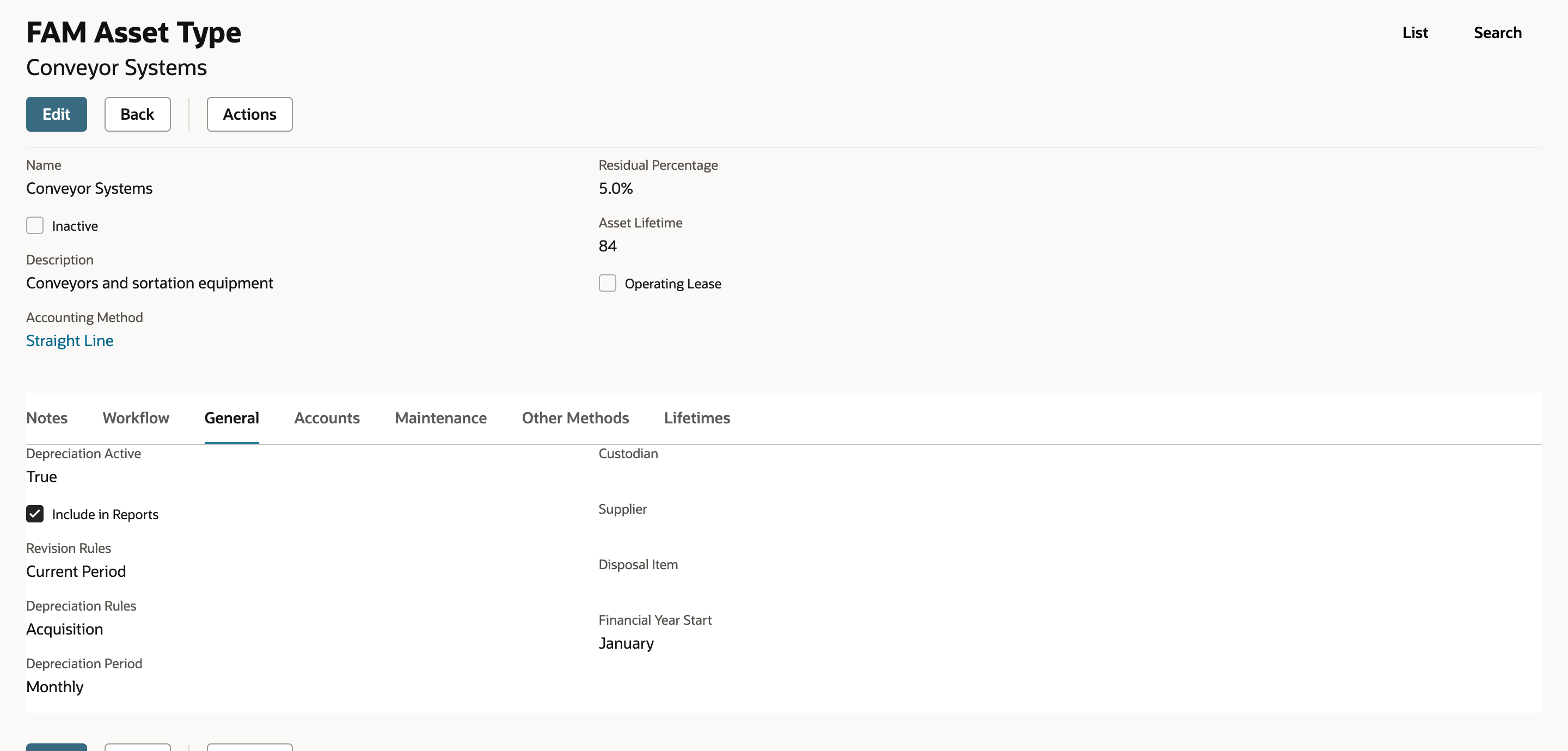 General subtab of the saved Conveyor Systems type: Depreciation Active True, Revision Rules Current Period, Depreciation Rules Acquisition, Depreciation Period Monthly, Financial Year Start January.