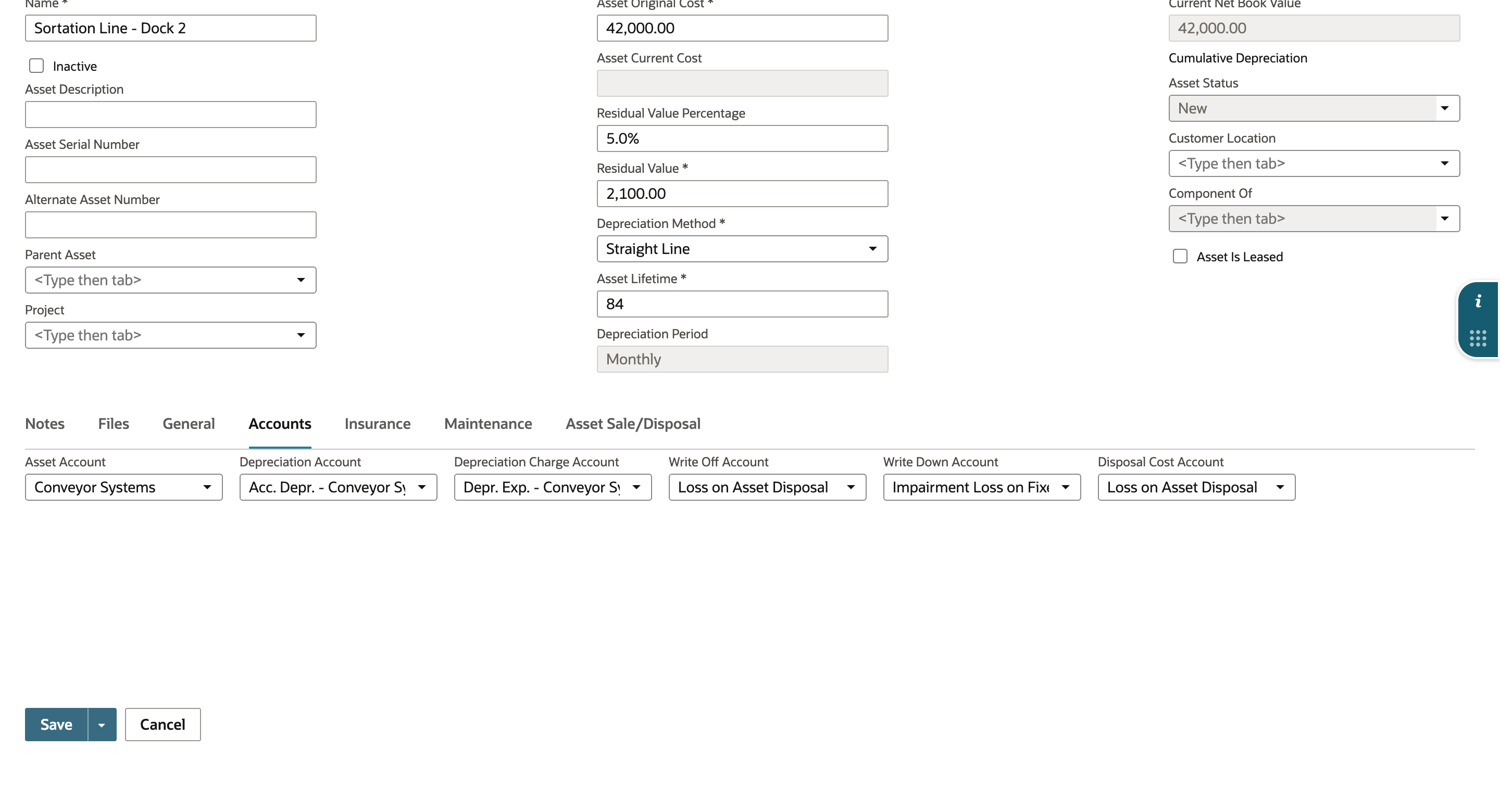 Accounts subtab of the new FAM Asset showing the six accounts inherited from the Conveyor Systems type.