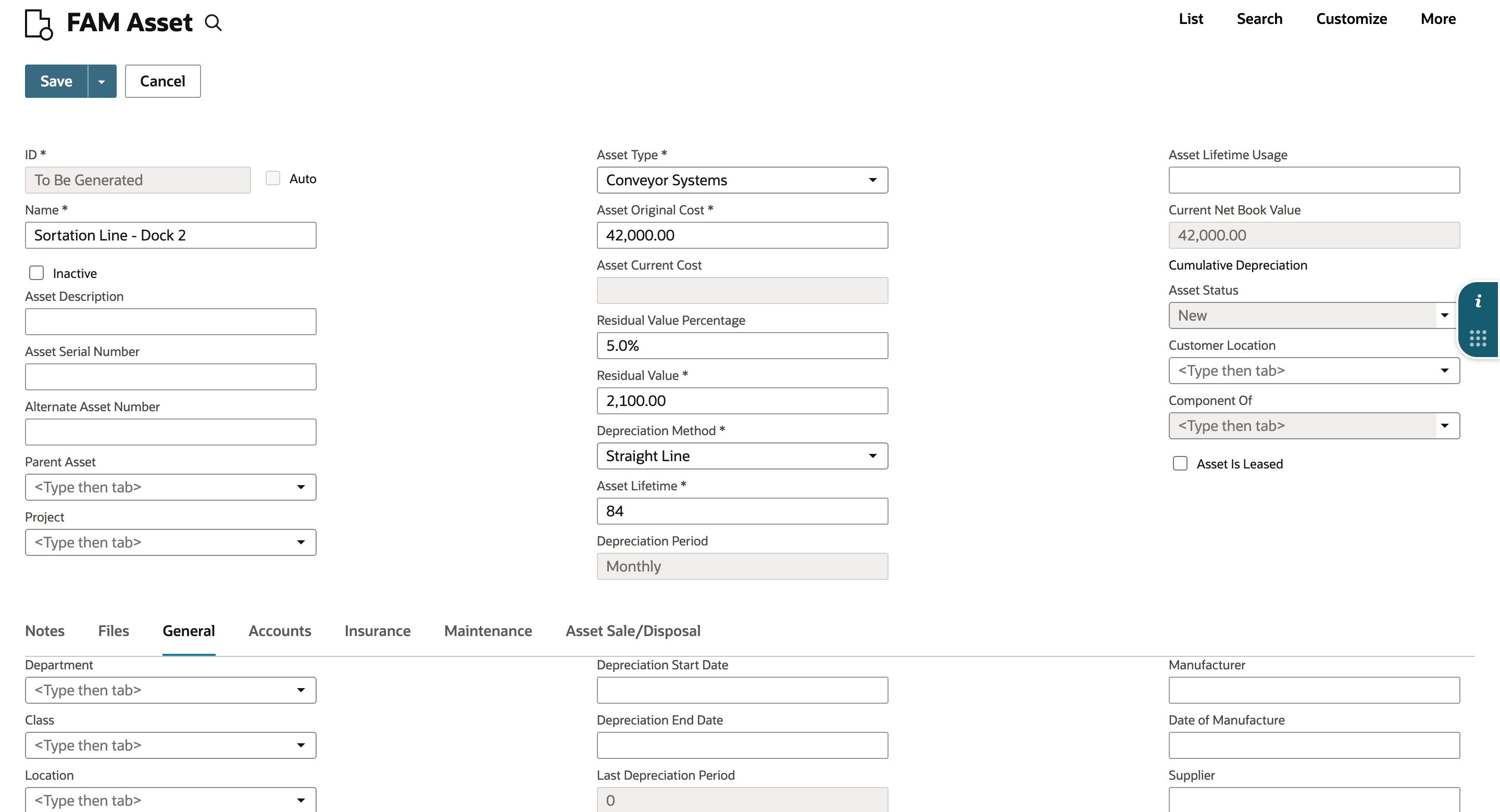 New FAM Asset with Asset Original Cost 42,000.00, Residual Value Percentage 5.0%, Residual Value 2,100.00, Current Net Book Value 42,000.00 and Name Sortation Line - Dock 2. An arrow points to Residual Value.