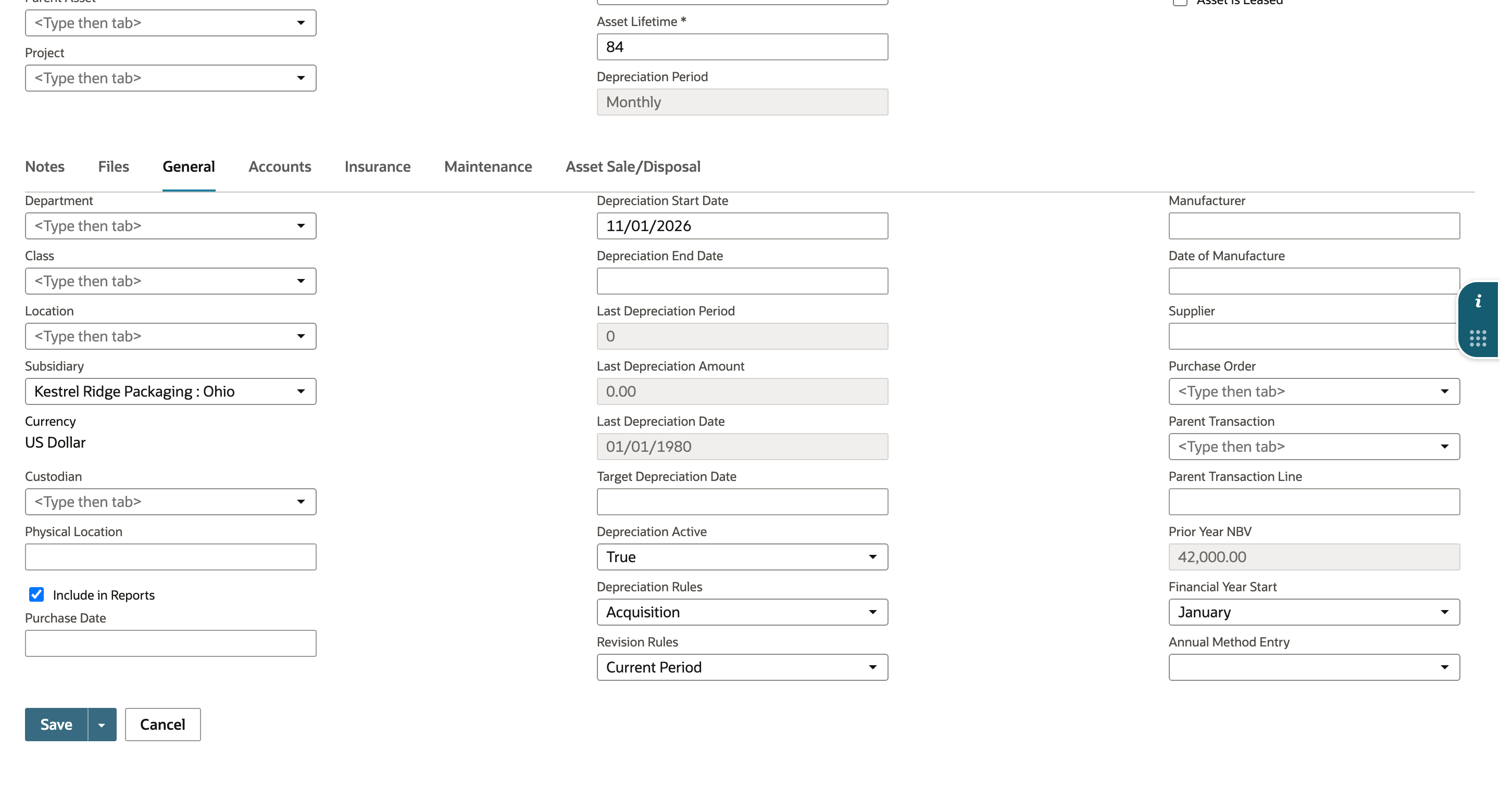 General subtab of the new FAM Asset: Subsidiary Kestrel Ridge Packaging : Ohio, Depreciation Start Date 11/01/2026, Depreciation Active True, Depreciation Rules Acquisition, Revision Rules Current Period, Financial Year Start January, Include in Reports checked.