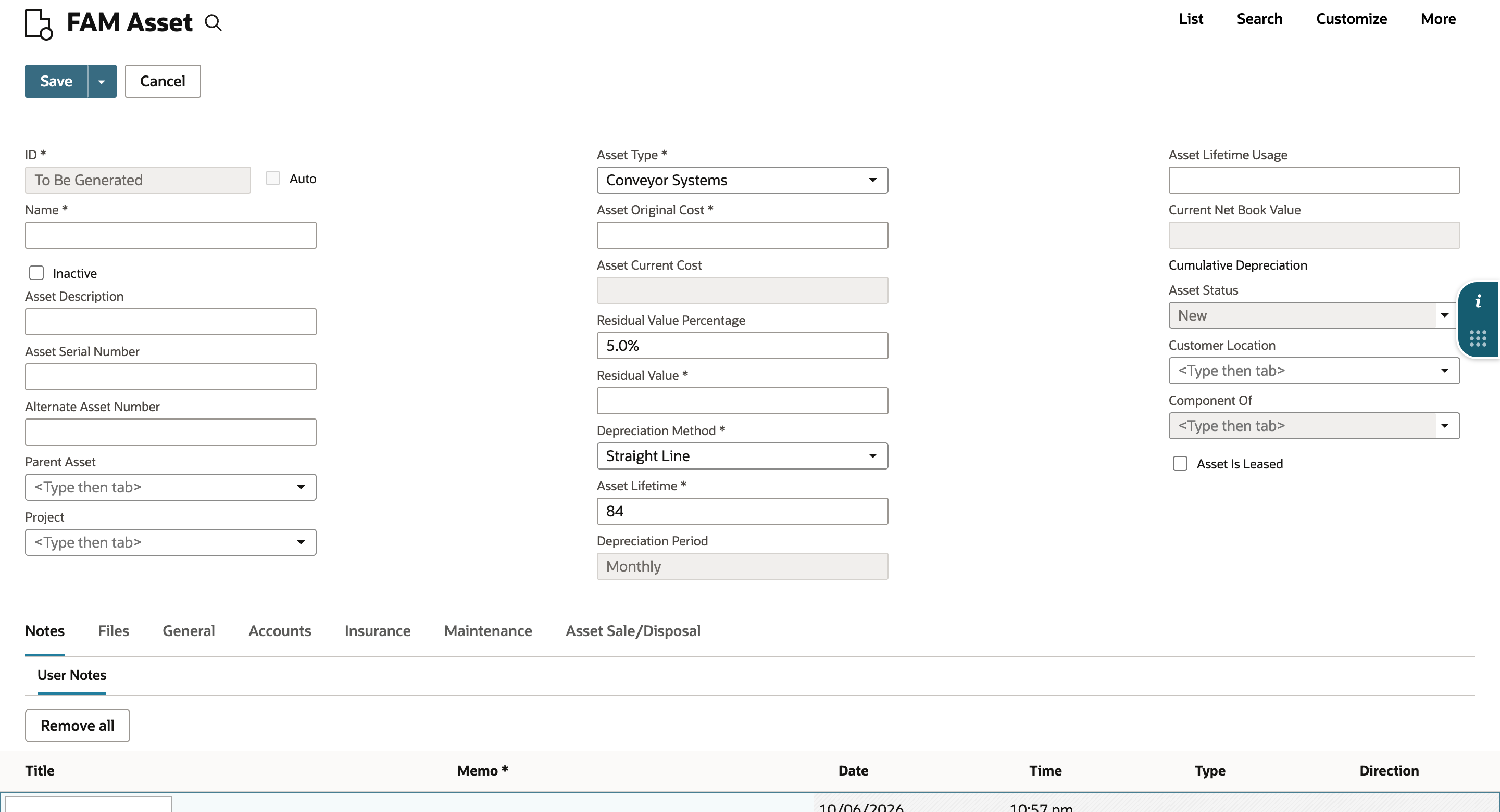New FAM Asset form after selecting Asset Type Conveyor Systems: Residual Value Percentage 5.0%, Depreciation Method Straight Line, Asset Lifetime 84 and Depreciation Period Monthly are filled in. An arrow points to Residual Value Percentage.