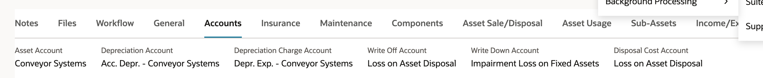 Accounts subtab of the saved FAM000061: Conveyor Systems, Acc. Depr. - Conveyor Systems, Depr. Exp. - Conveyor Systems, Loss on Asset Disposal, Impairment Loss on Fixed Assets, Loss on Asset Disposal.