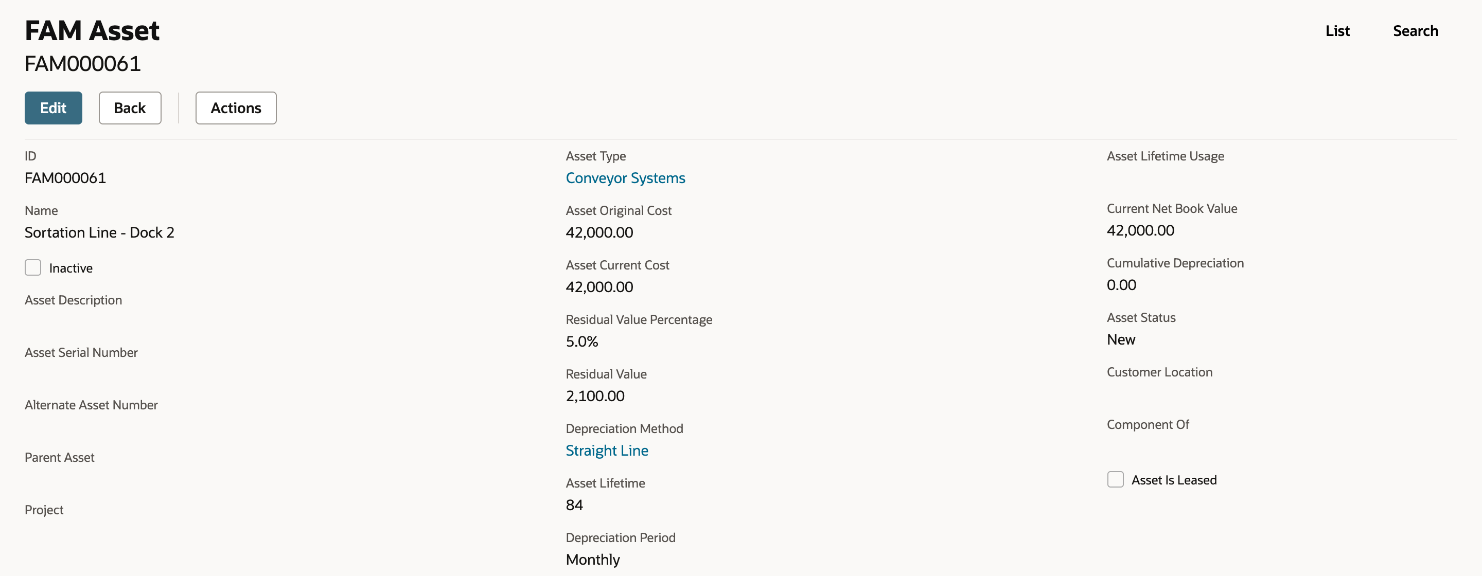 FAM Asset FAM000061, Sortation Line - Dock 2, created from the Conveyor Systems asset type: Asset Original Cost 42,000.00, Residual Value Percentage 5.0%, Residual Value 2,100.00, Straight Line, Asset Lifetime 84, Depreciation Period Monthly, Asset Status New.