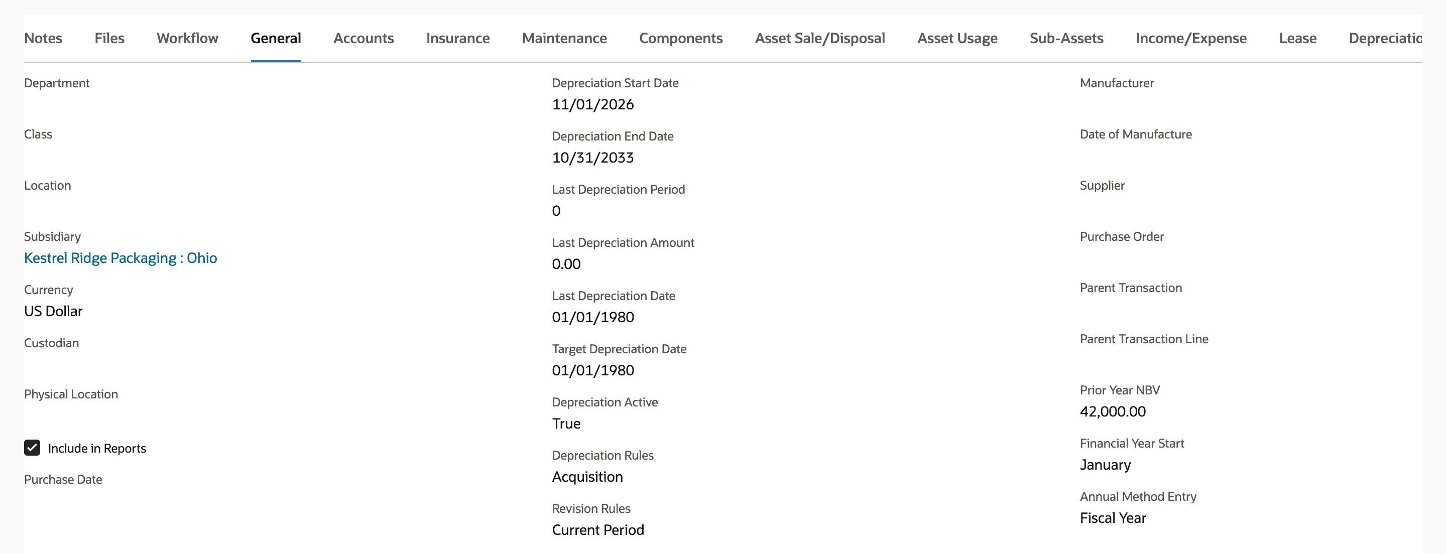 General subtab of the saved FAM000061: Depreciation Start Date 11/01/2026, Depreciation End Date 10/31/2033, Last Depreciation Period 0, Depreciation Active True, Depreciation Rules Acquisition, Revision Rules Current Period, Financial Year Start January.