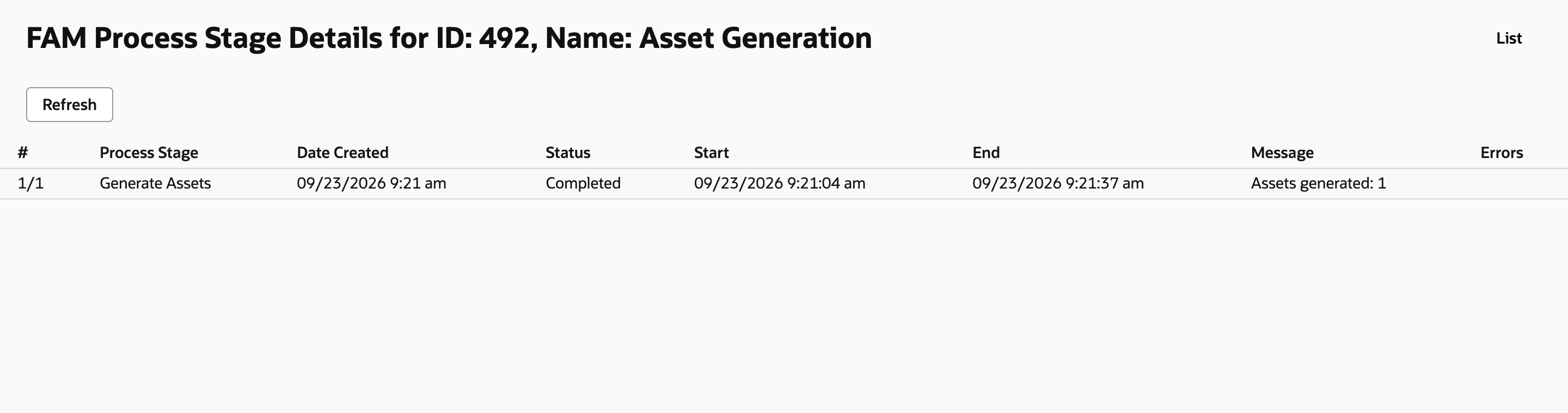 FAM Process Stage Details for ID 492, Asset Generation: stage Generate Assets, Completed, message Assets generated: 1.