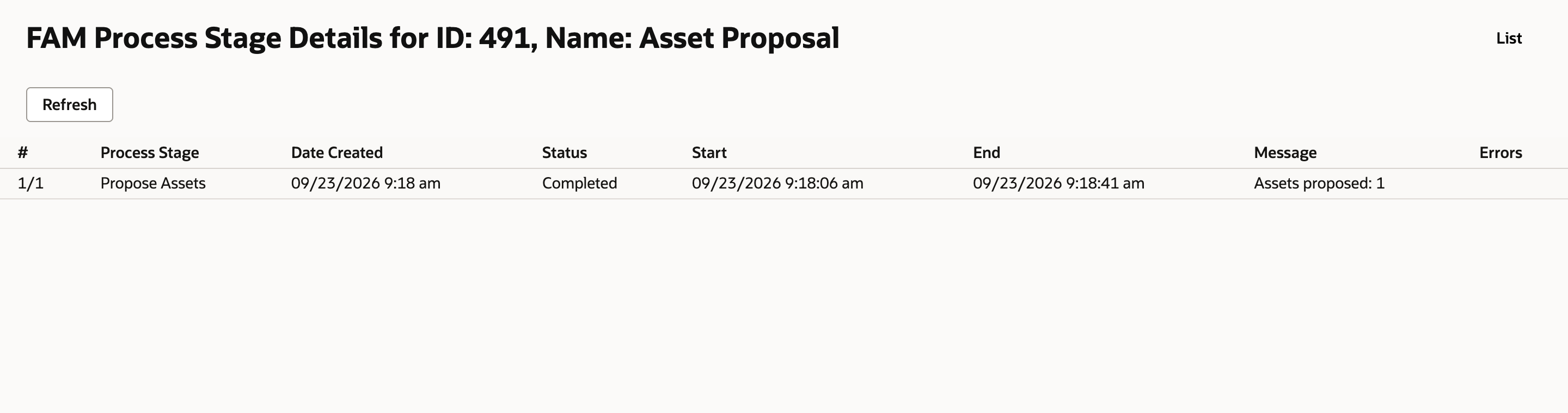 FAM Process Stage Details for ID 491, Asset Proposal: stage Propose Assets, Completed, message Assets proposed: 1.