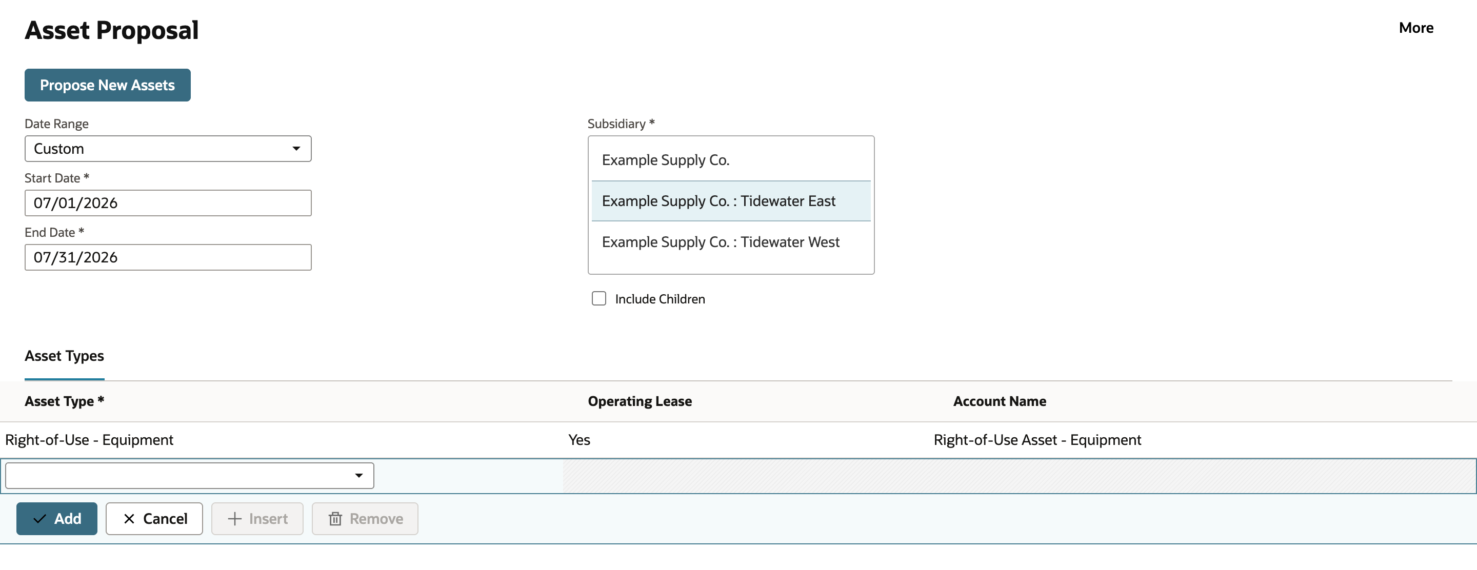 Asset Proposal with Date Range Custom, Start Date 07/01/2026, End Date 07/31/2026, Subsidiary Example Supply Co. : Tidewater East selected, and an Asset Types row for Right-of-Use - Equipment with Operating Lease Yes and Account Name Right-of-Use Asset - Equipment.