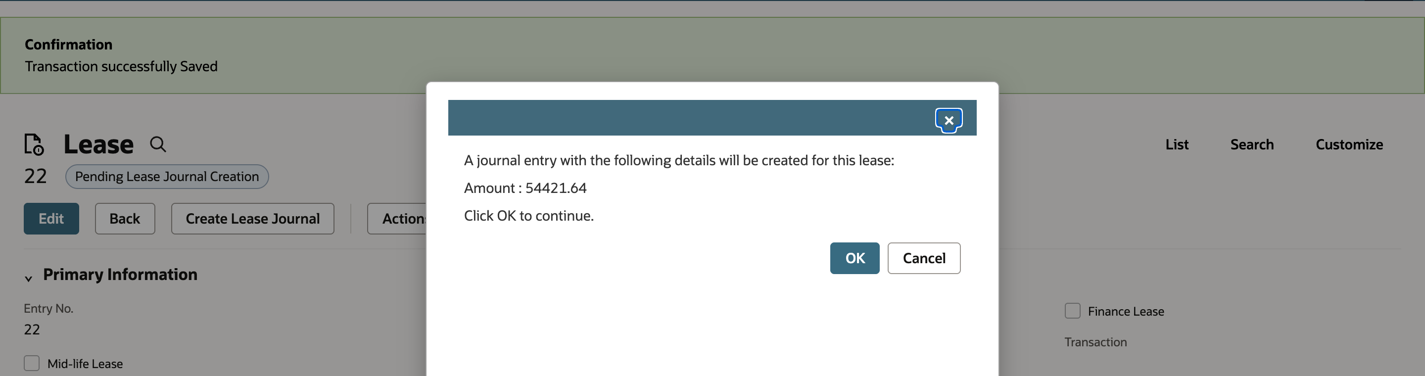 Confirmation dialog over the lease: A journal entry with the following details will be created for this lease, Amount : 54421.64, Click OK to continue, with OK and Cancel.