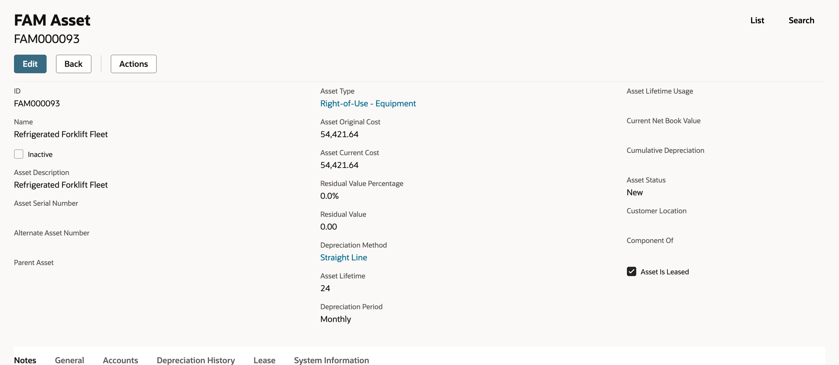 FAM Asset FAM000093 with Asset Type Right-of-Use - Equipment, Asset Original Cost 54,421.64, Asset Lifetime 24 and Asset Is Leased checked.