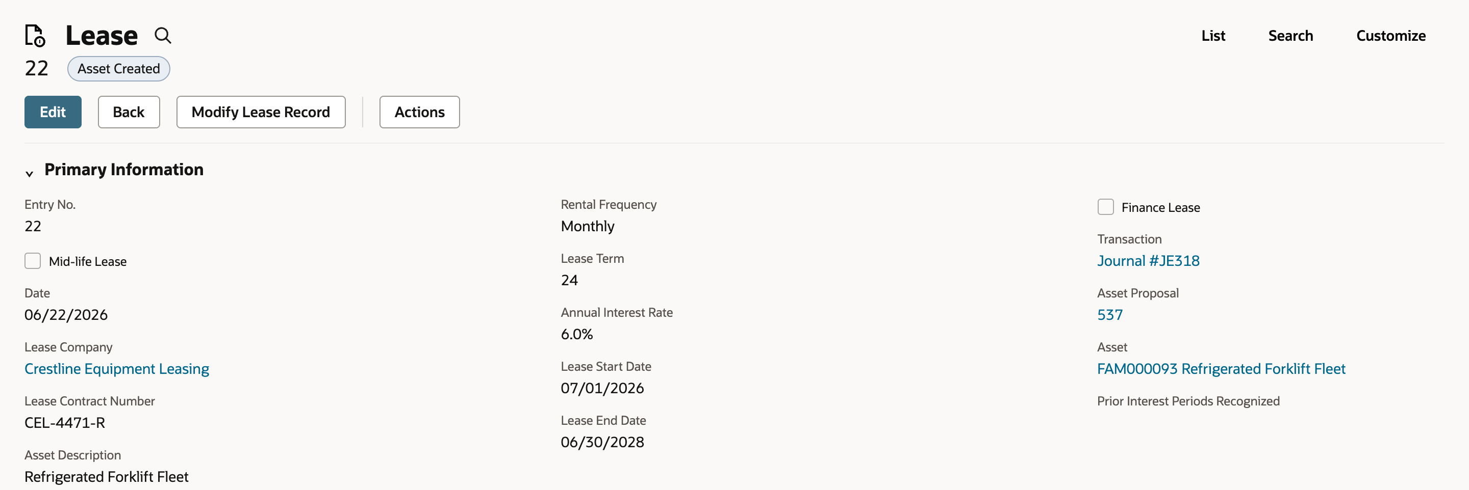 Lease 22 in Asset Created status, with Transaction Journal #JE318, Asset Proposal 537 and Asset FAM000093 Refrigerated Forklift Fleet linked.