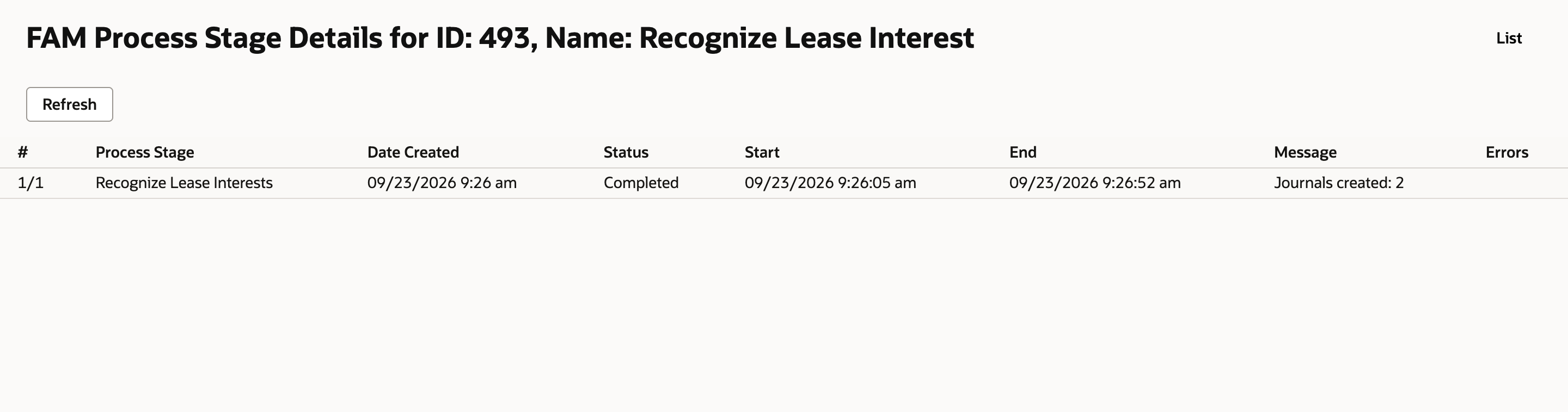 FAM Process Stage Details for ID 493, Recognize Lease Interest: stage Recognize Lease Interests, Completed, message Journals created: 2.