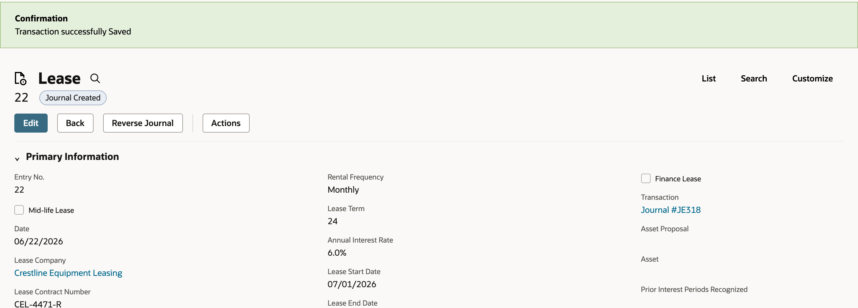 Lease 22 in Journal Created status with the Transaction field showing Journal #JE318.