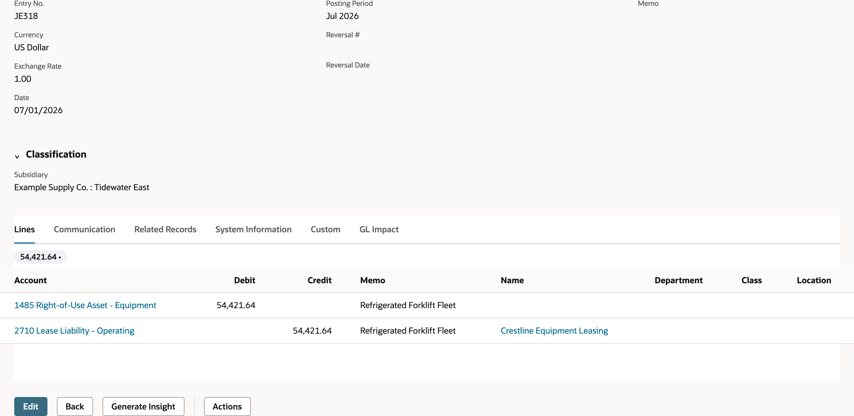 Journal JE318 dated 07/01/2026, posting period Jul 2026, with lines Dr 1485 Right-of-Use Asset - Equipment 54,421.64 and Cr 2710 Lease Liability - Operating 54,421.64, Name Crestline Equipment Leasing.