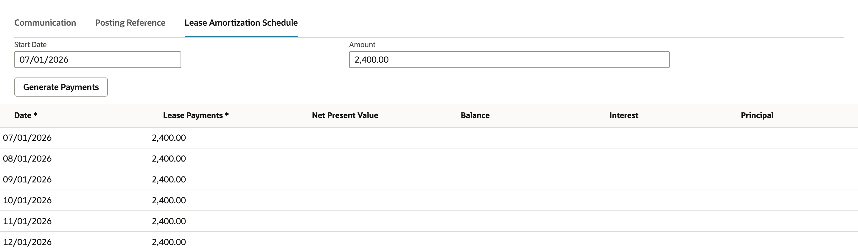Lease edit form, Lease Amortization Schedule subtab: Start Date 07/01/2026, Amount 2,400.00, and generated rows from 07/01/2026 each with Lease Payments 2,400.00 and the calculated columns empty.