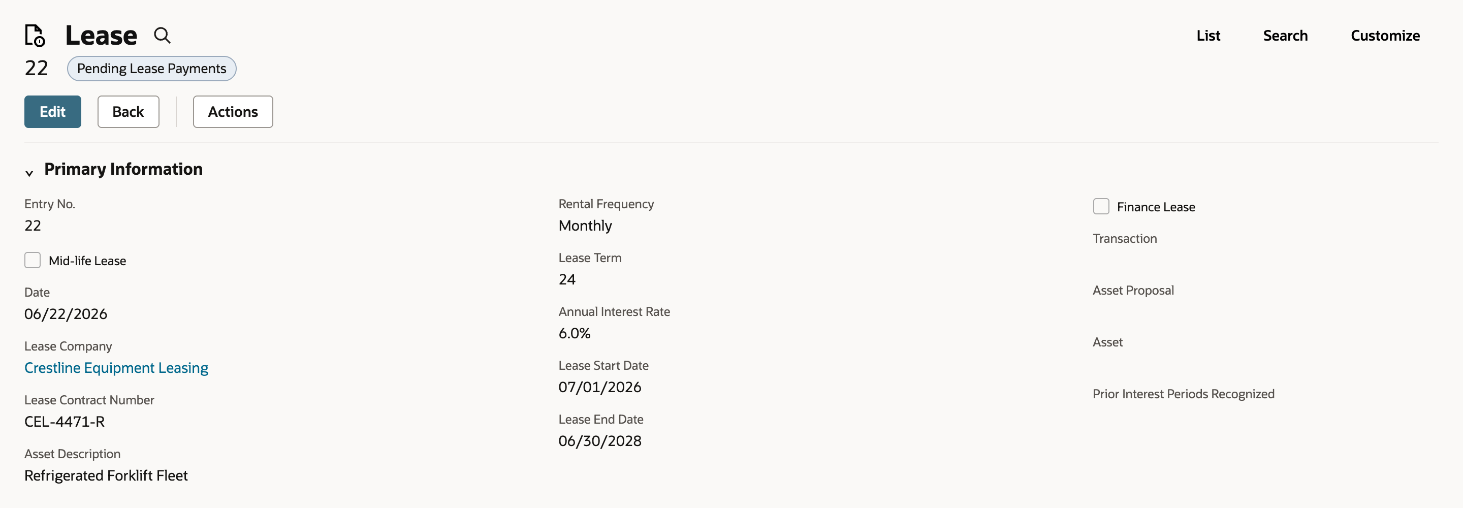 Lease 22 in Pending Lease Payments status with Rental Frequency Monthly, Lease Term 24, Annual Interest Rate 6.0%, Lease Start Date 07/01/2026 and Lease End Date 06/30/2028.