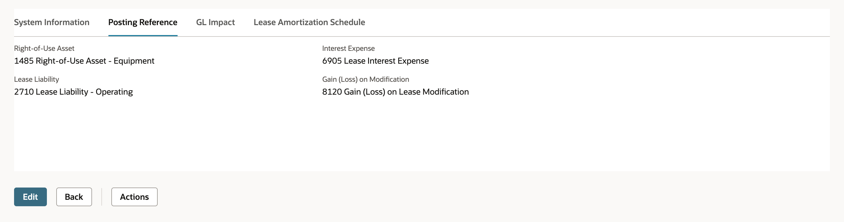 The Posting Reference subtab shows Right-of-Use Asset 1485 Right-of-Use Asset - Equipment, Lease Liability 2710 Lease Liability - Operating, Interest Expense 6905 Lease Interest Expense and Gain (Loss) on Modification 8120.