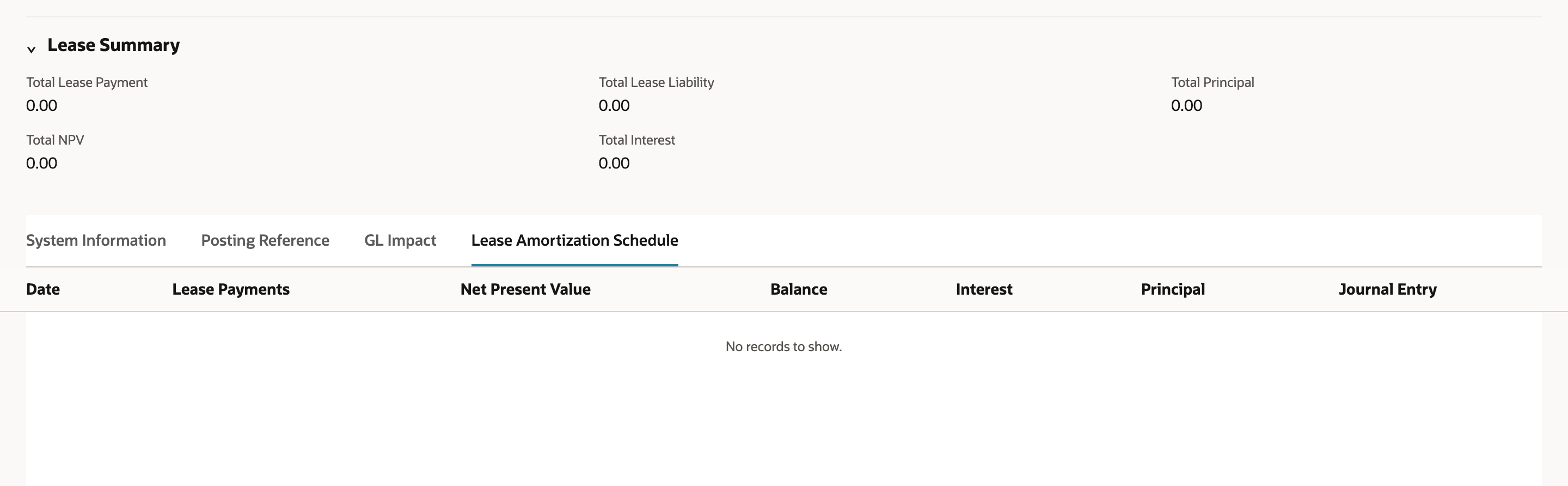 The Lease Summary shows 0.00 for every total and the Lease Amortization Schedule subtab shows No records to show.