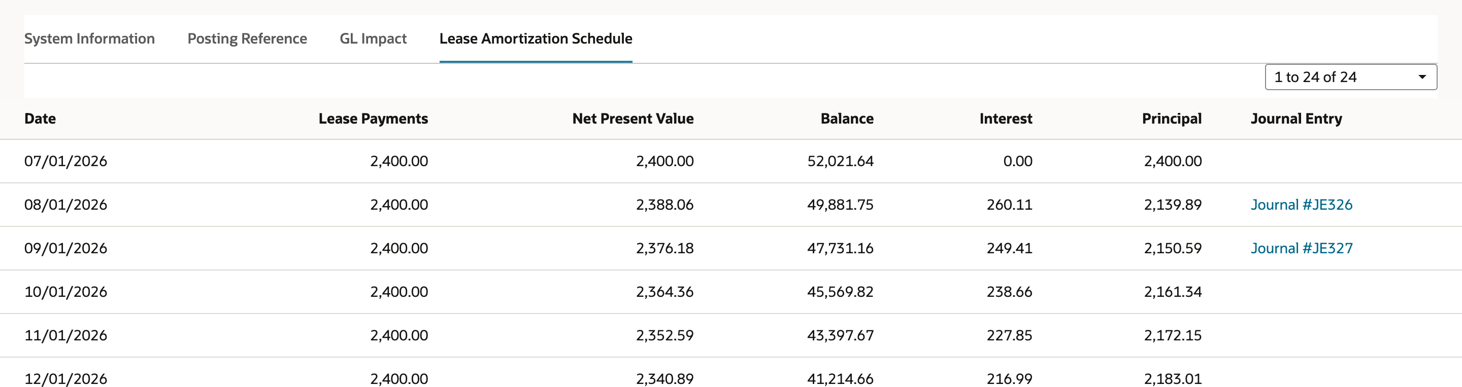 Lease Amortization Schedule with Journal #JE326 on the 08/01/2026 row (interest 260.11) and Journal #JE327 on the 09/01/2026 row (interest 249.41), and no journal on the 07/01/2026 row.