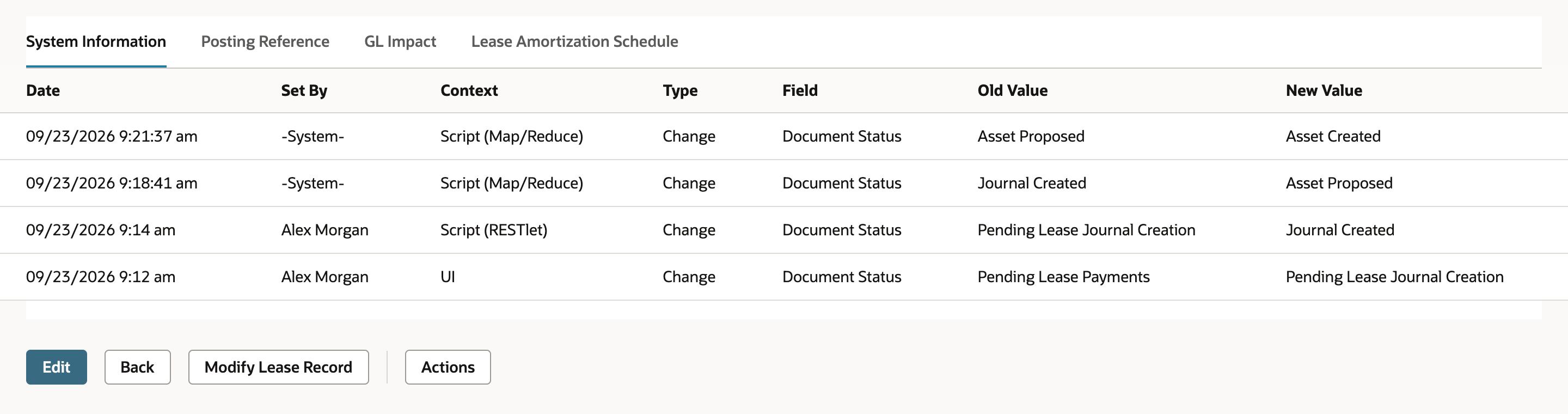 System Information subtab with four Document Status changes: Pending Lease Payments to Pending Lease Journal Creation, to Journal Created, to Asset Proposed, to Asset Created.