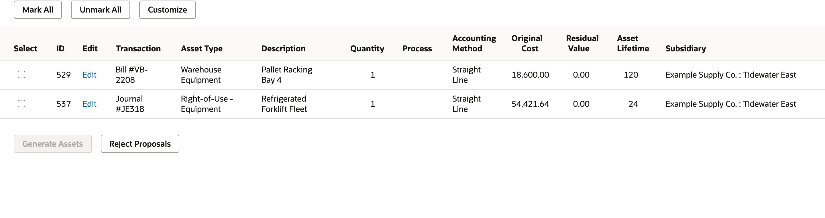 Manage Proposals grid with proposal 529 for Bill #VB-2208 and proposal 537 for Journal #JE318, Right-of-Use - Equipment, Refrigerated Forklift Fleet, Original Cost 54,421.64, Residual Value 0.00, Asset Lifetime 24.