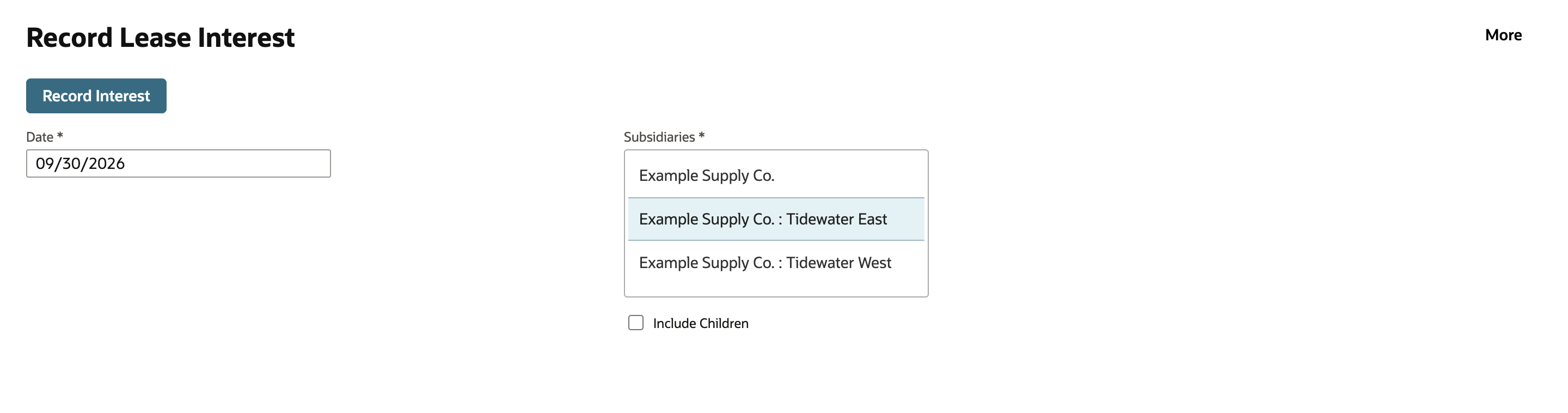 Record Lease Interest with Date 09/30/2026 and Subsidiaries Example Supply Co. : Tidewater East selected.