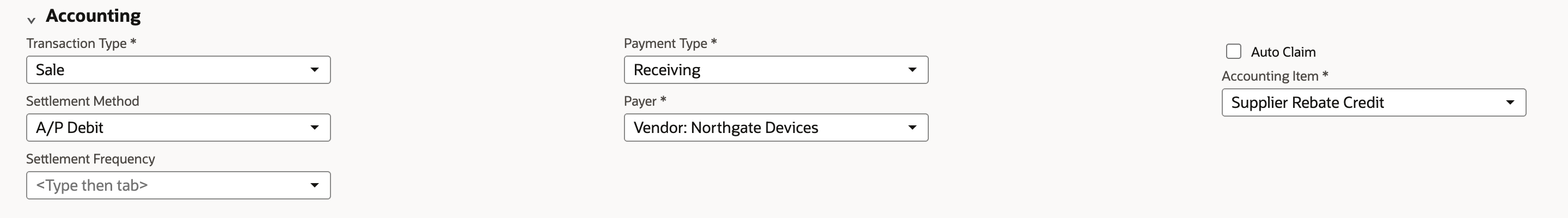 The Accounting group: Transaction Type Sale, Settlement Method A/P Debit, Settlement Frequency empty, Payment Type Receiving, Payer Vendor: Northgate Devices, Auto Claim cleared and Accounting Item Supplier Rebate Credit.