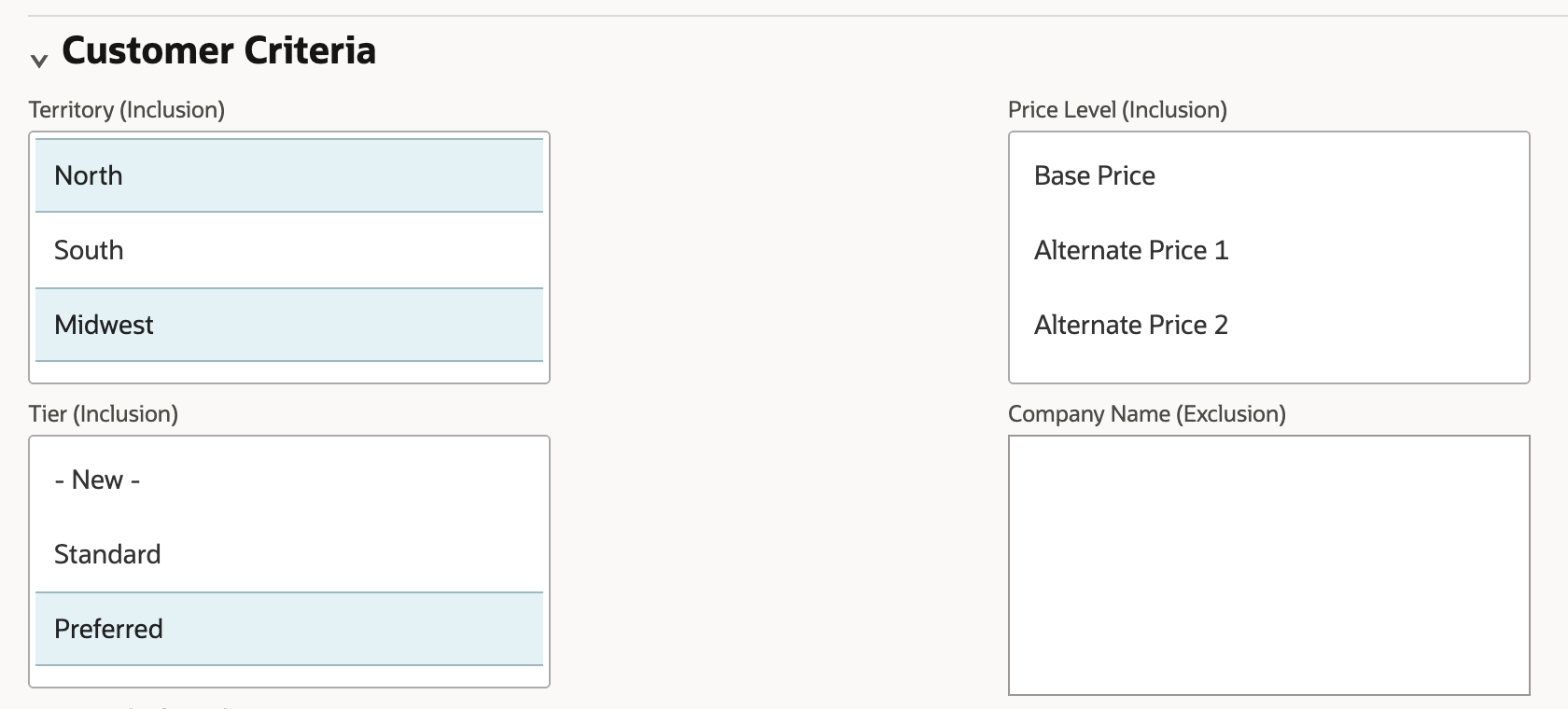 Customer Criteria in the Agreement Details popup: Territory (Inclusion) with North and Midwest selected and South not selected, Tier (Inclusion) with Preferred selected, Price Level (Inclusion) with nothing selected and an empty Company Name (Exclusion) list.