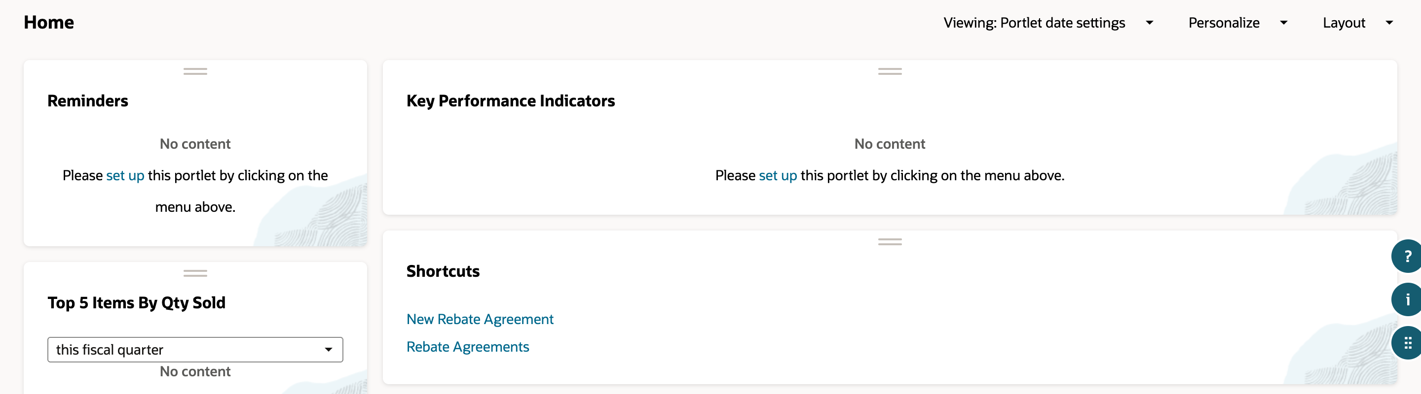The Home dashboard with a Shortcuts portlet listing New Rebate Agreement and Rebate Agreements, beside the Reminders and Key Performance Indicators portlets.