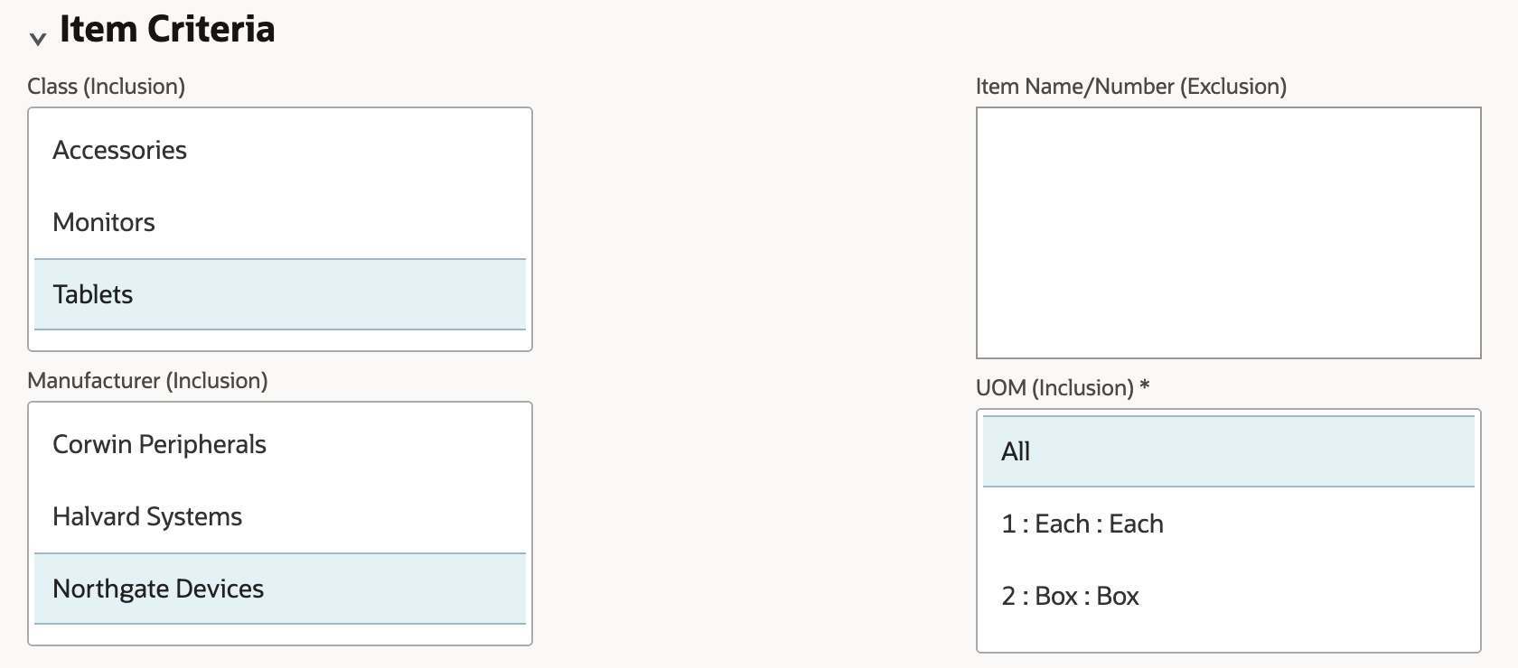 Item Criteria in the Agreement Details popup: Class (Inclusion) with Tablets selected, Manufacturer (Inclusion) with Northgate Devices selected, an empty Item Name/Number (Exclusion) list and UOM (Inclusion) set to All.