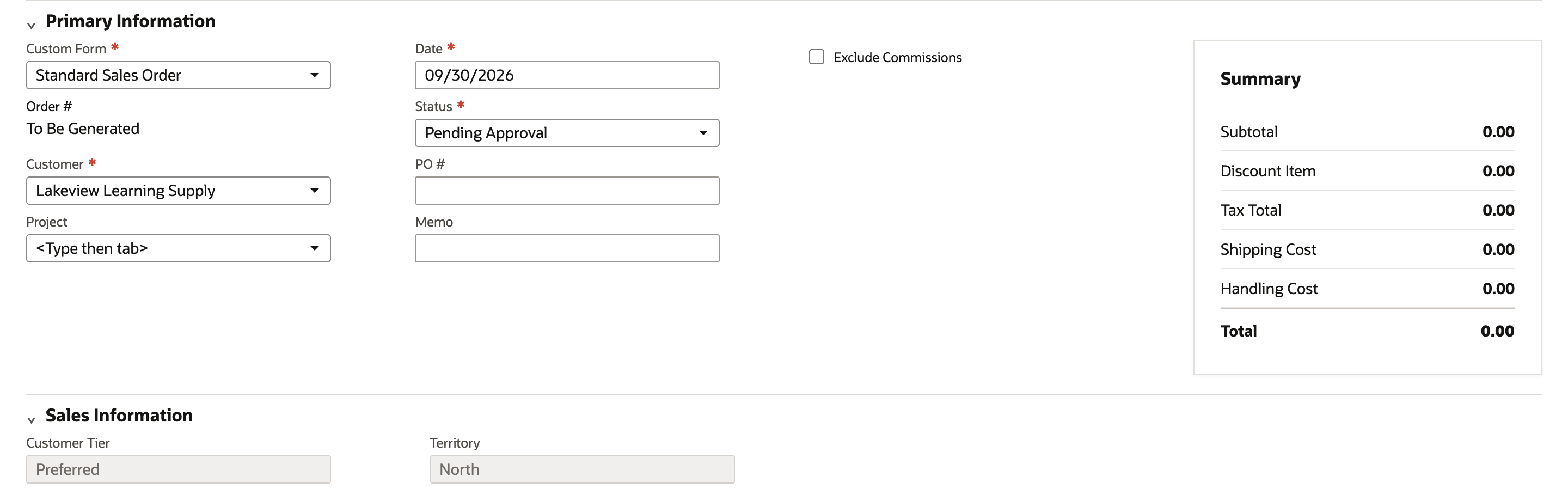A new sales order on the Standard Sales Order form for Lakeview Learning Supply, dated 09/30/2026 with Status Pending Approval, and Sales Information showing Customer Tier Preferred and Territory North.