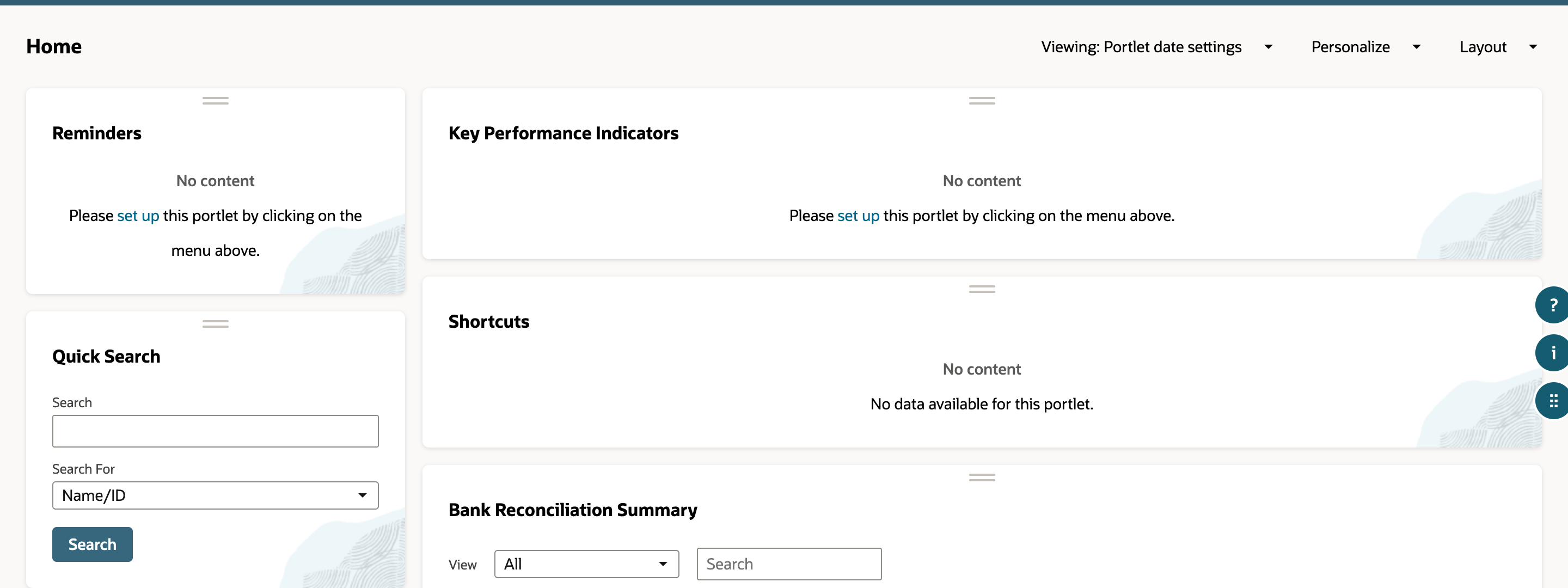 The NetSuite Home dashboard with the Reminders, Quick Search, Key Performance Indicators, Shortcuts and Bank Reconciliation Summary portlets.