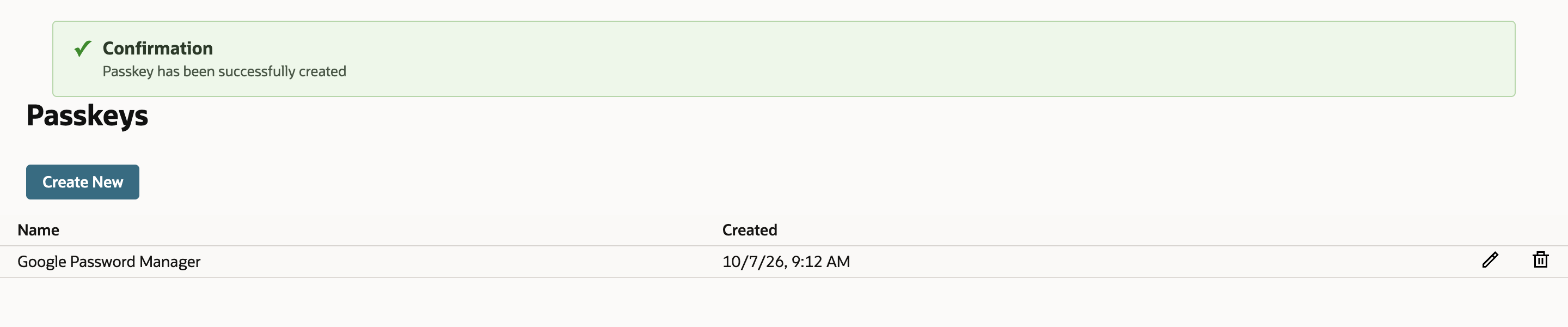 The Passkeys page with the green Confirmation Passkey has been successfully created and a row named Google Password Manager created 10/7/26, 9:12 AM, with a red arrow pointing at the name.