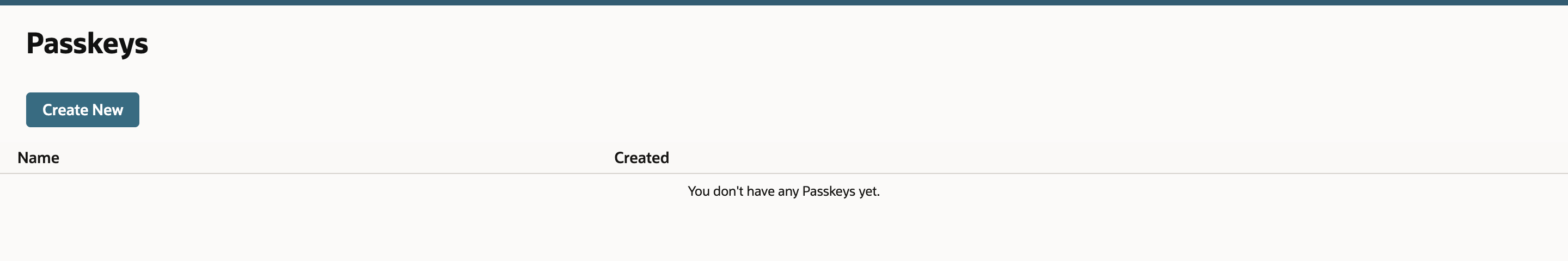 The NetSuite Passkeys page with a Create New button, the columns Name and Created, and the message You don't have any Passkeys yet.