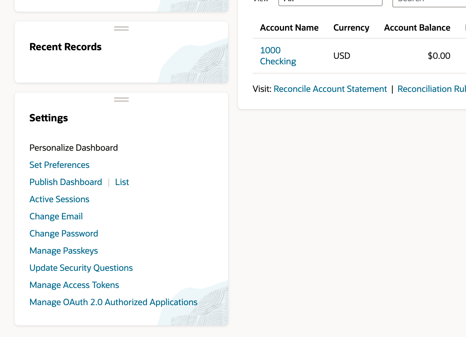 The Settings portlet on the NetSuite Home dashboard listing Personalize Dashboard, Set Preferences, Publish Dashboard, Active Sessions, Change Email, Change Password, Manage Passkeys, Update Security Questions, Manage Access Tokens and Manage OAuth 2.0 Authorized Applications, with a red arrow pointing at Manage Passkeys.