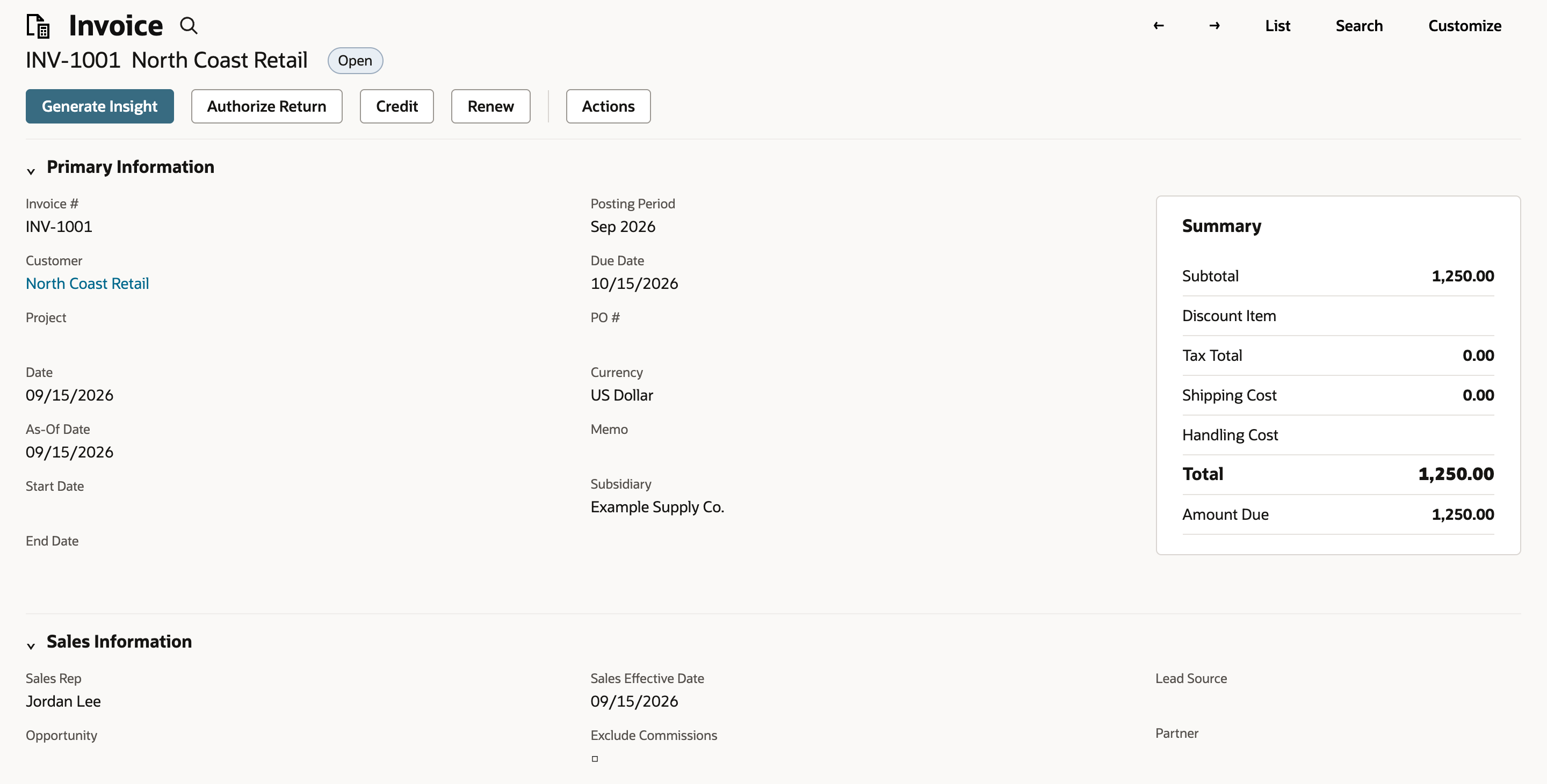 Invoice INV-1001 for North Coast Retail with Summary Total 1,250.00, Tax Total 0.00, Shipping Cost 0.00, and Sales Information showing Sales Rep Jordan Lee and Sales Effective Date 09/15/2026.
