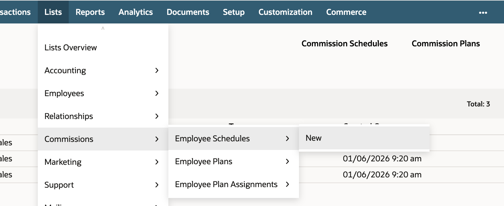 The Lists menu open on Commissions, with Employee Schedules, Employee Plans and Employee Plan Assignments, and the New item next to Employee Schedules highlighted.
