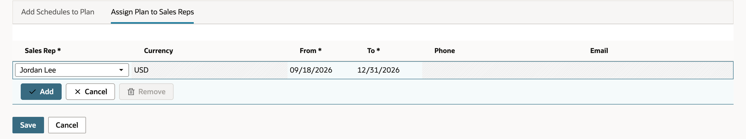Assign Plan to Sales Reps line for Jordan Lee with Currency USD, From 09/18/2026 and To 12/31/2026.
