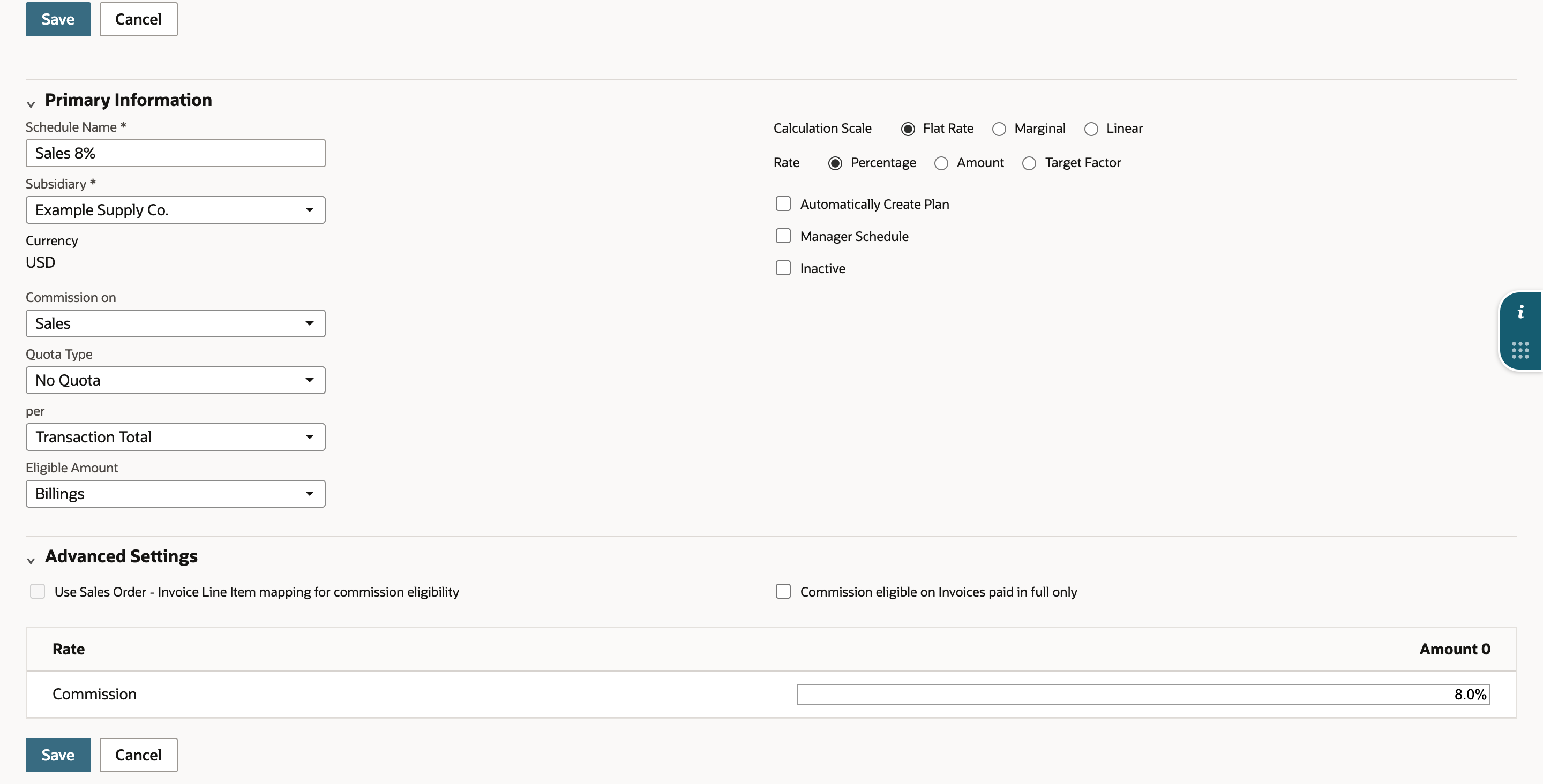 New Commission Schedule form: Schedule Name Sales 8%, Commission on Sales, Quota Type No Quota, per Transaction Total, Eligible Amount Billings, Calculation Scale Flat Rate, Rate Percentage, and 8.0% in the Commission row.