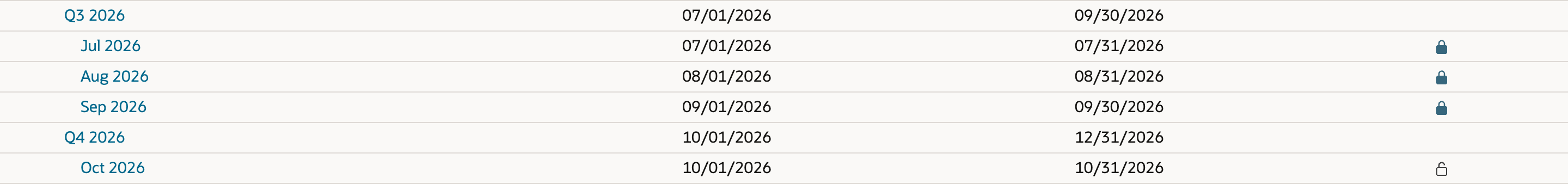 Jul, Aug and Sep 2026 with the closed padlock and Oct 2026 with the open padlock