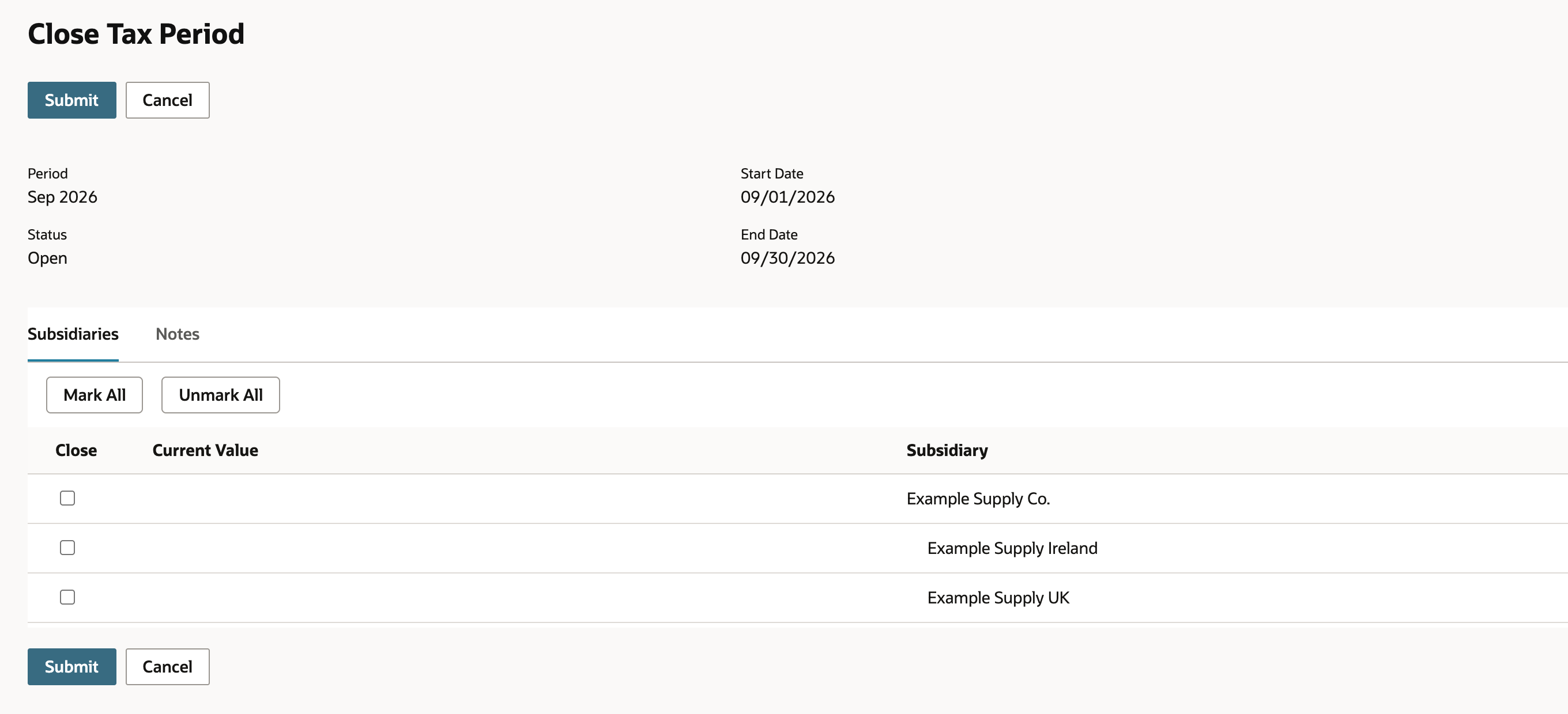 Close Tax Period for Sep 2026 with status Open, dates 09/01/2026 to 09/30/2026 and three subsidiaries unchecked