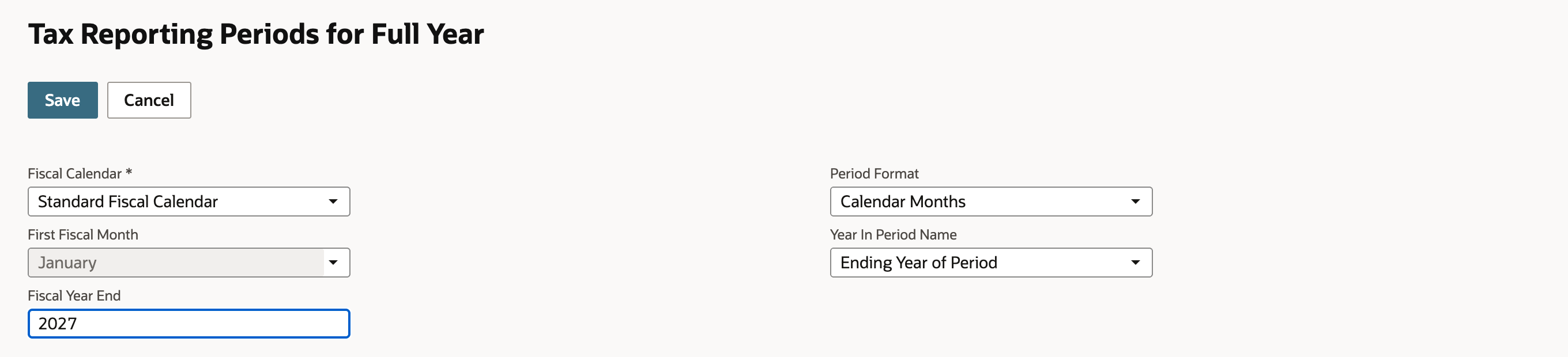 Tax Reporting Periods for Full Year with Fiscal Year End 2027, Calendar Months and Ending Year of Period