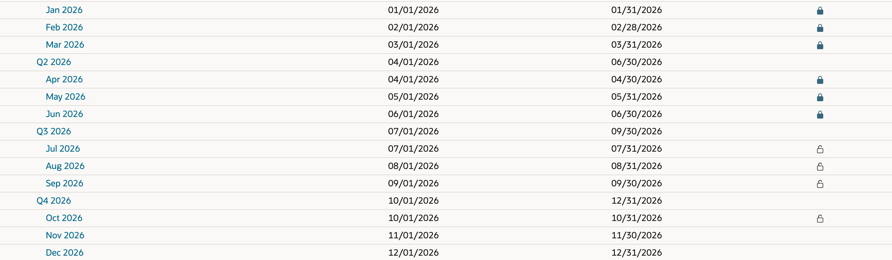 FY 2026 tax periods with Jan to Jun 2026 closed, Jul to Oct 2026 open and Nov and Dec 2026 without a status icon