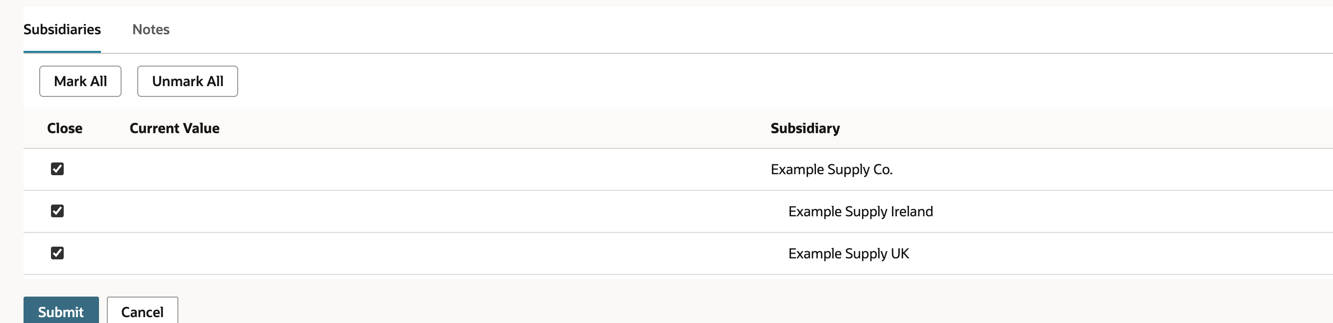 Subsidiaries subtab with Close checked for Example Supply Co., Example Supply Ireland and Example Supply UK after Mark All