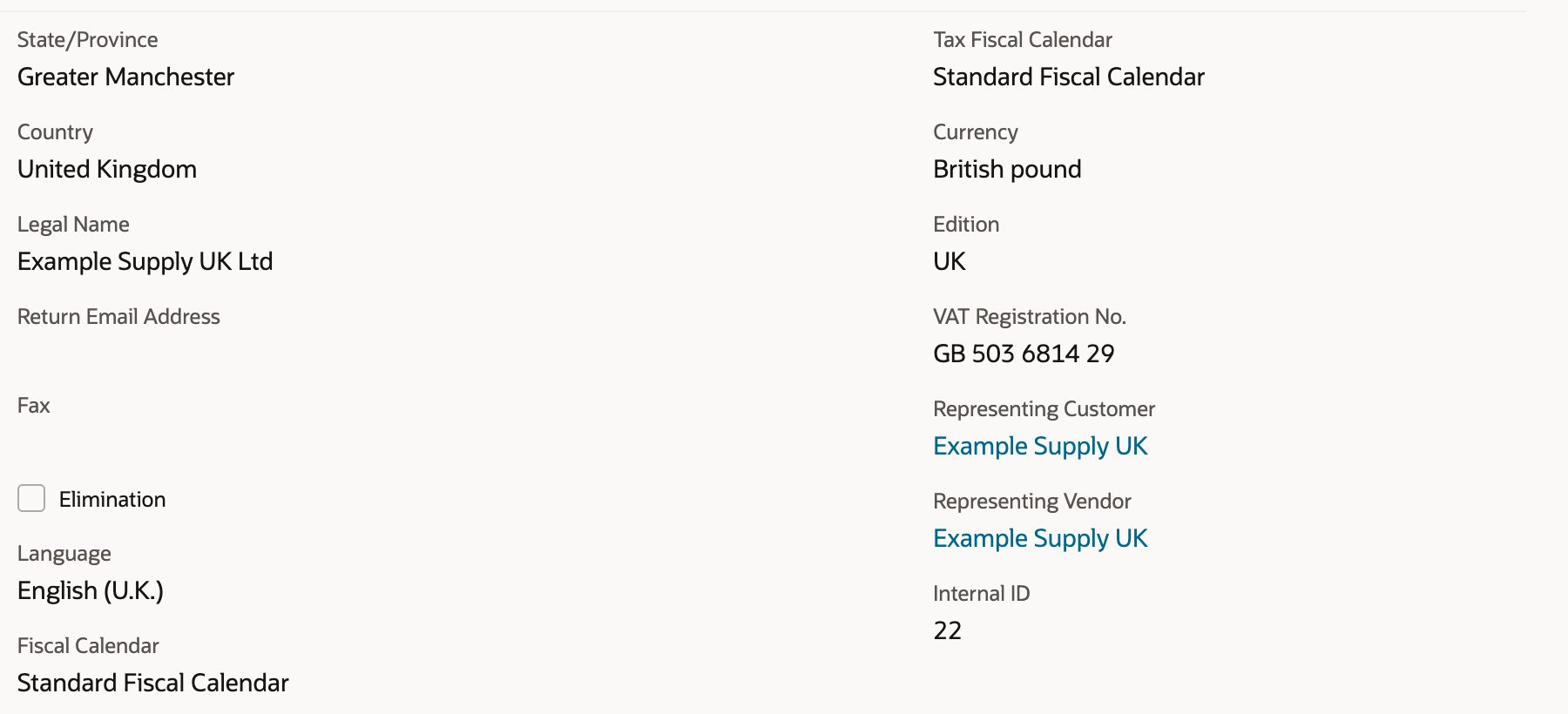 Example Supply UK subsidiary record with Fiscal Calendar and Tax Fiscal Calendar both set to Standard Fiscal Calendar