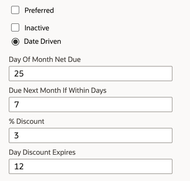 Date Driven selected with due day 25, rollover 7, discount 3 and expiry day 12