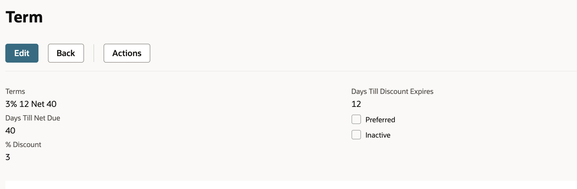 Reopened 3% 12 Net 40 record with net due 40, discount 3 and expiry 12 days