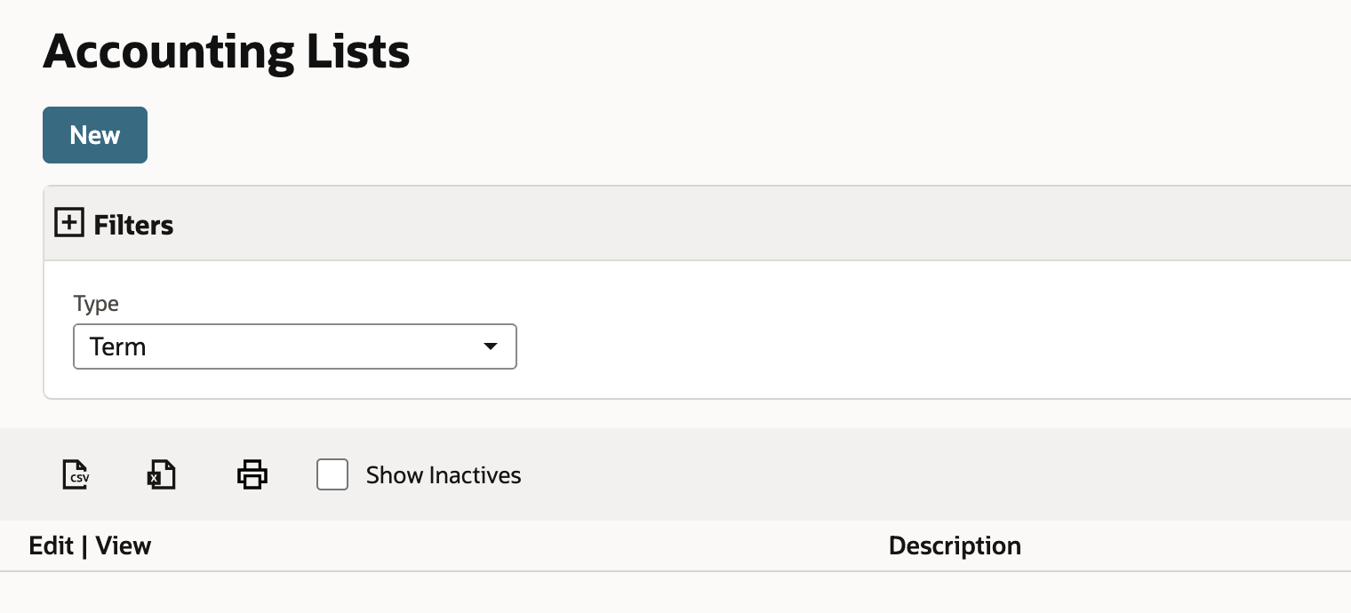 Accounting Lists with Type set to Term and the New button above the list
