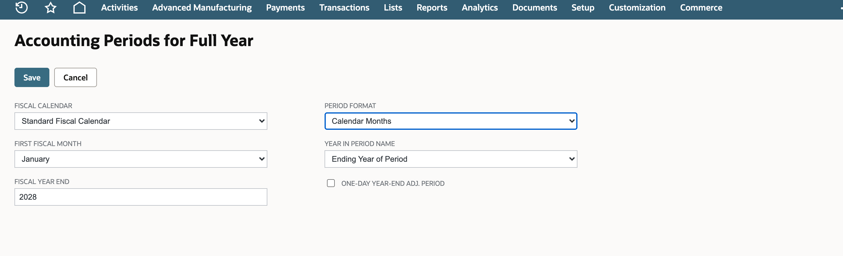 Accounting Periods for Full Year form with January first month, fiscal year end 2028, and Calendar Months